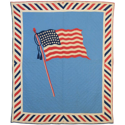 Antique red, white and blue "Patriotic Old Glory Flag Quilt" with blue background and central American Flag.