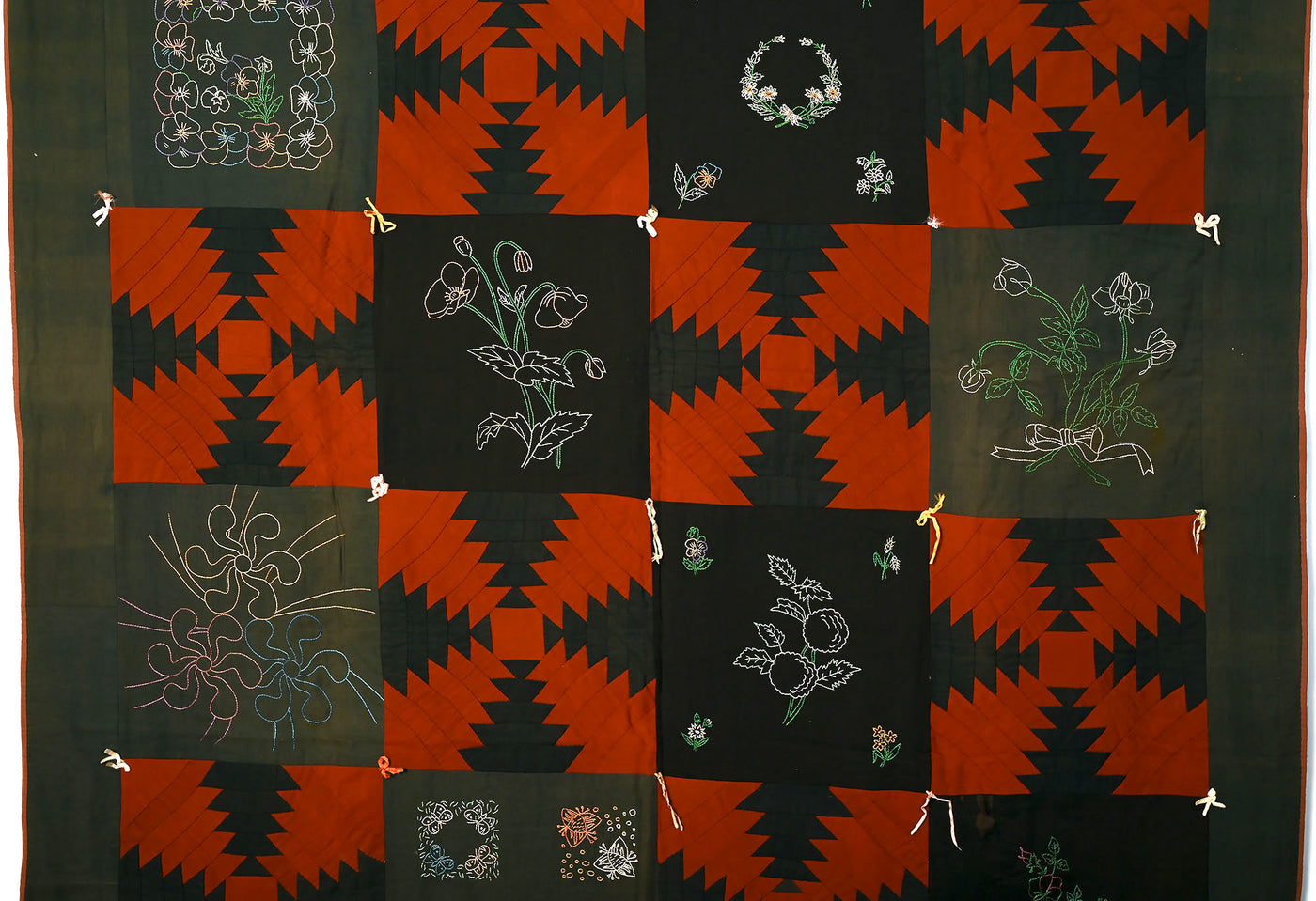 Wool Log Cabin Quilt with  Embroidery