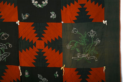 Wool Log Cabin Quilt with  Embroidery