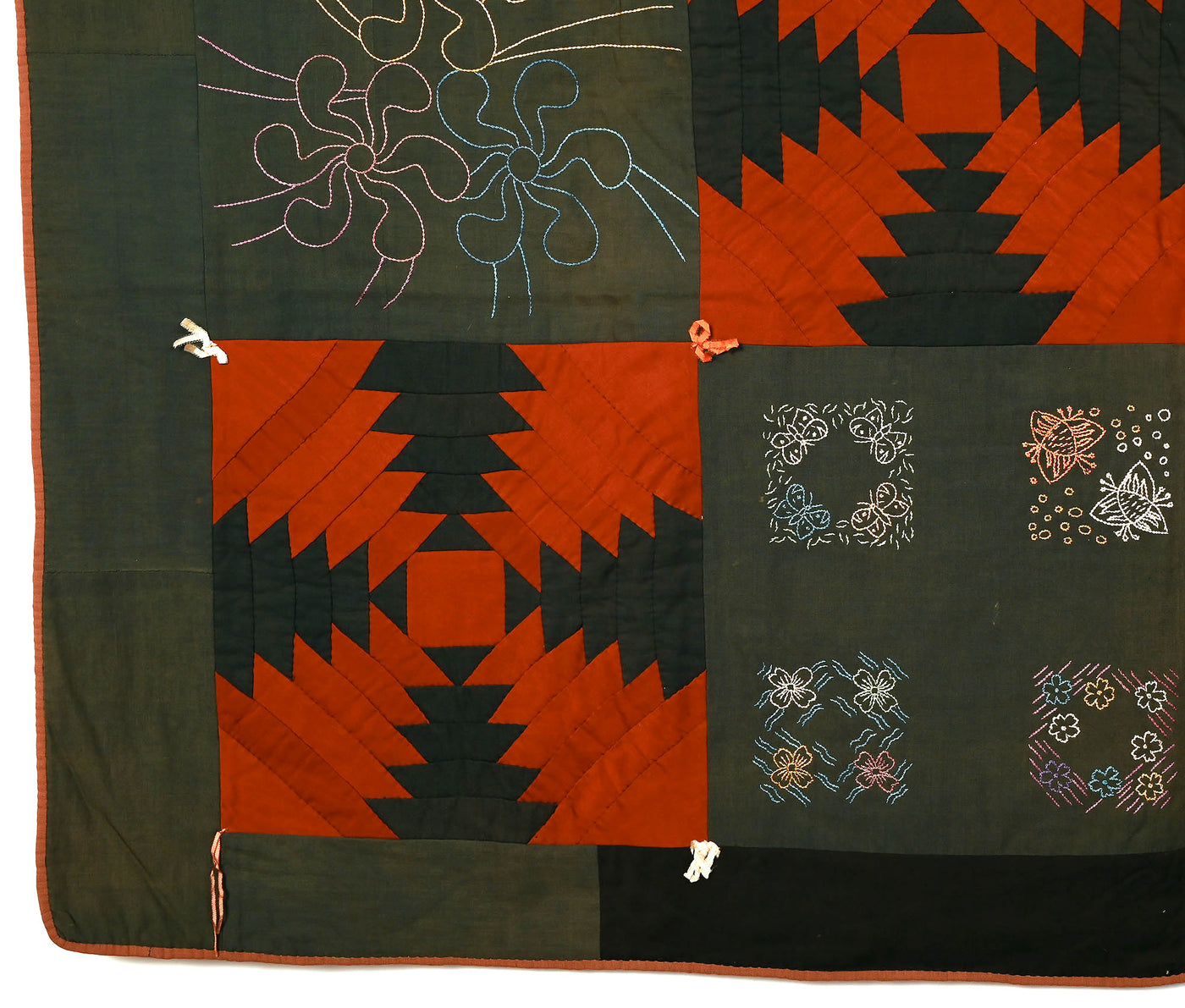 Wool Log Cabin Quilt with  Embroidery