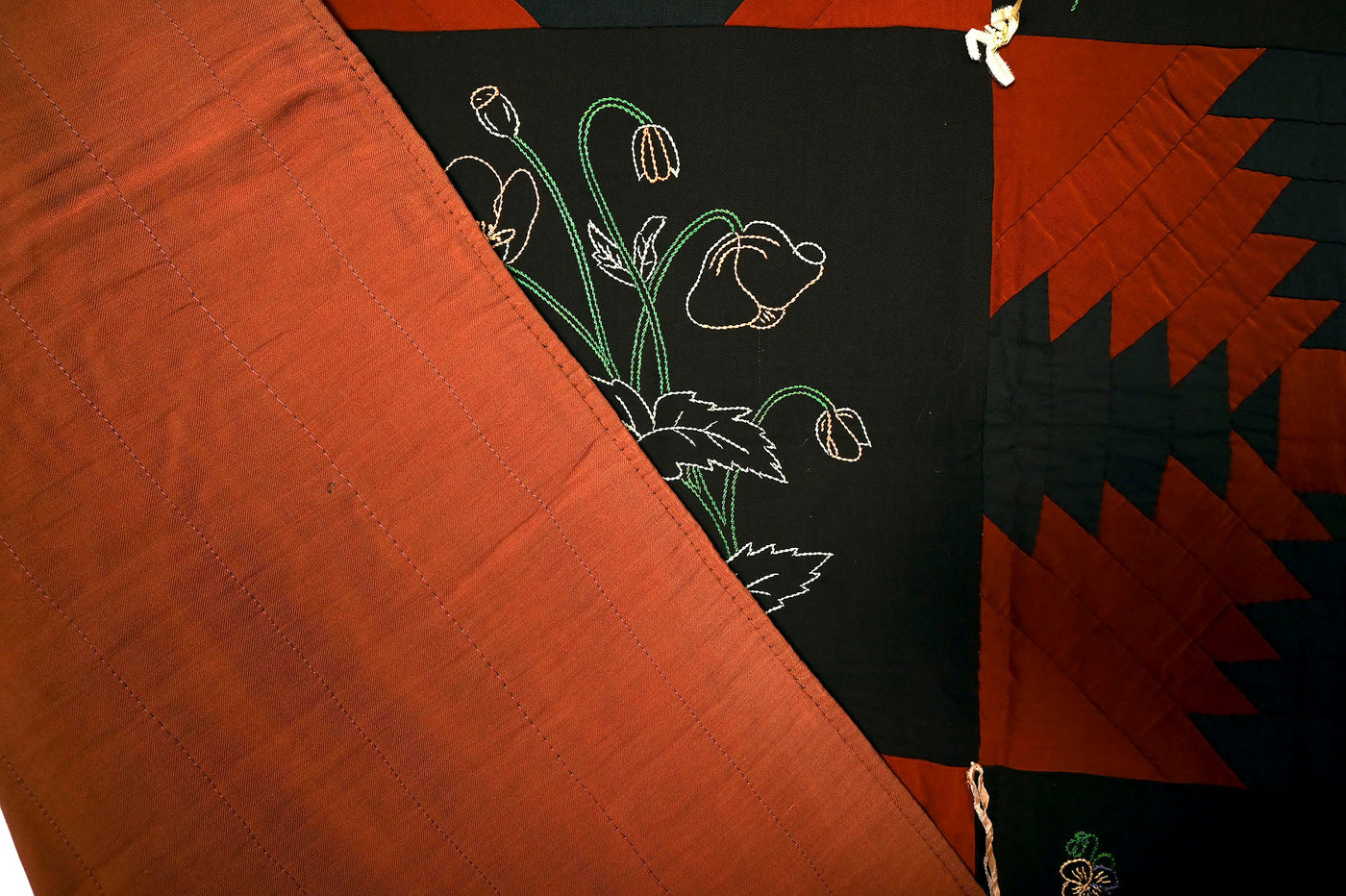 Wool Log Cabin Quilt with  Embroidery