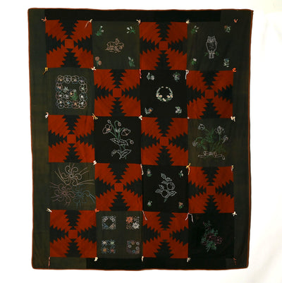 Wool Log Cabin Quilt with  Embroidery