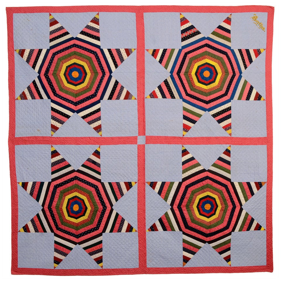 Lavender and bright pink antique "String of Stars Quilt" with four large squares with bright striped stars in the center. 