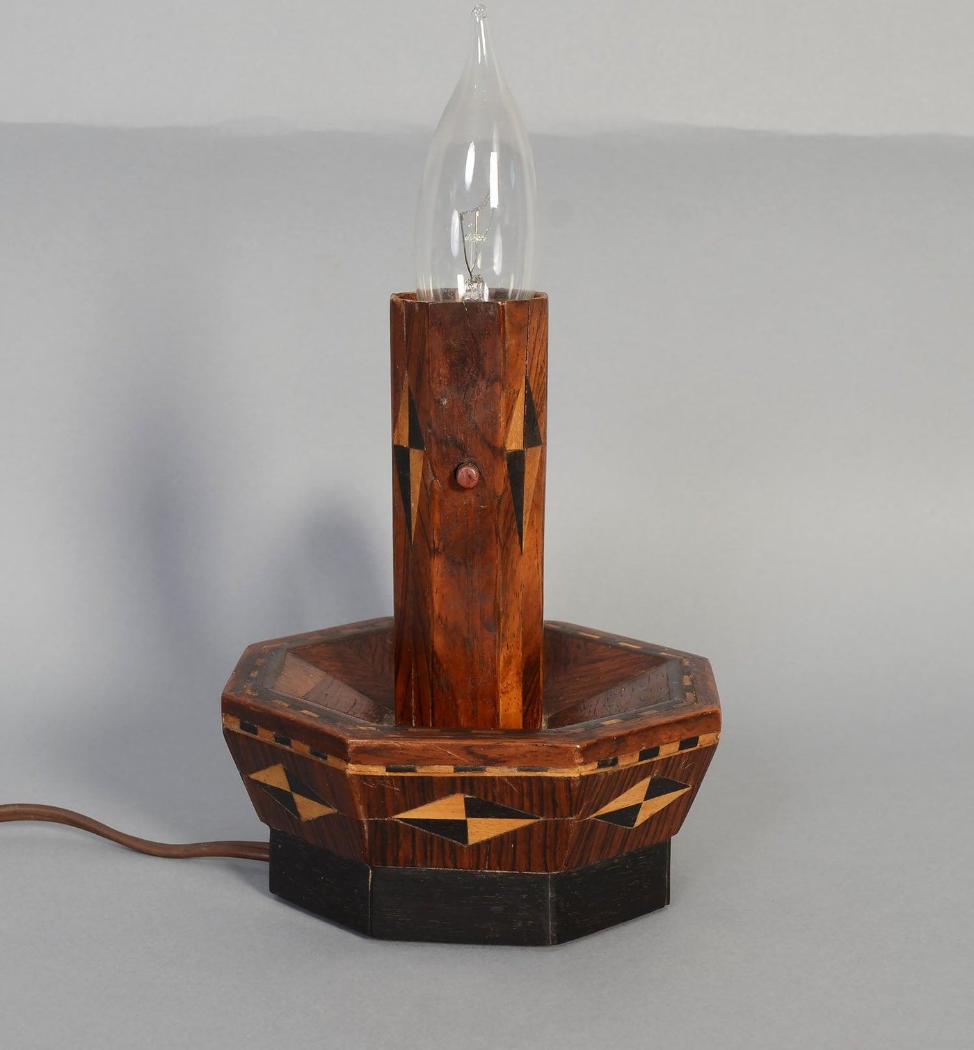 1435825-20thc-inlaid-wood-candlestick-lamp-3-front-view