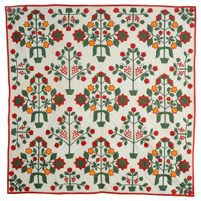 White quilt with red border and pots of flowers throughout - item 14460502 sold by Stella Rubin Antiques.