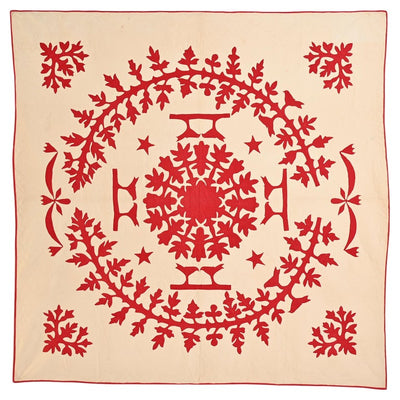 Tan and red antique Center Medallion Applique Quilt with red lovebirds- quilt 1454002