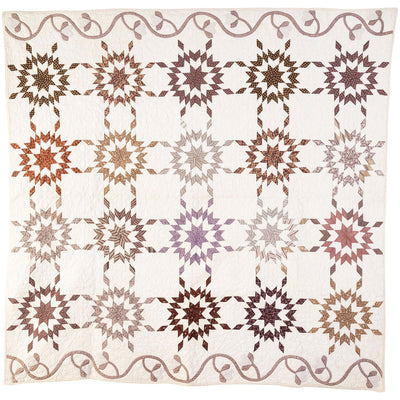 Cream colored antique Touching Stars Quilt with light brown stars for sale by Stella Rubin Antiques.