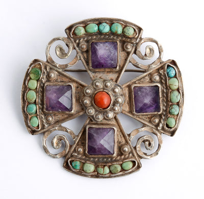 Antique brooch by Matl Matilde Poulat with Turquoise, Amethyst, and a red center.