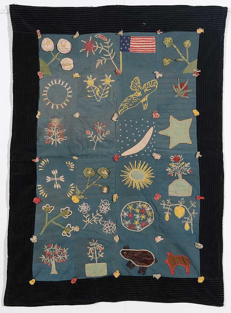 19th century Folky Sampler Crib Quilt with American flag, eagle, stars, moon and animals. 
