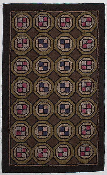 Four Patch in Hexagons Hooked Rug: Circa 1930