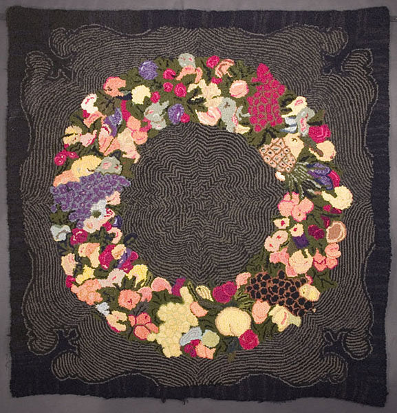 Fruit and Floral Wreath Hooked Rug: Circa 1930