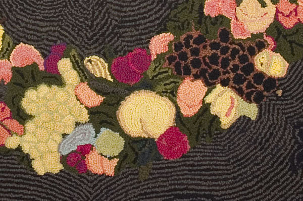 Fruit and Floral Wreath Hooked Rug: Circa 1930