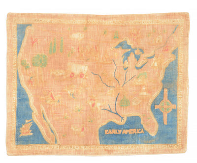 Hand Painted Fabric Map Quilt of the United States from the 19th century titled "Early American" with images of iconic America scenes. 