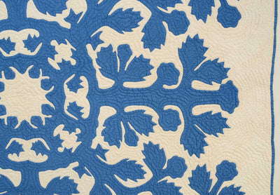 Close up view of a white and blue antique Hawaiian Applique Quilt.