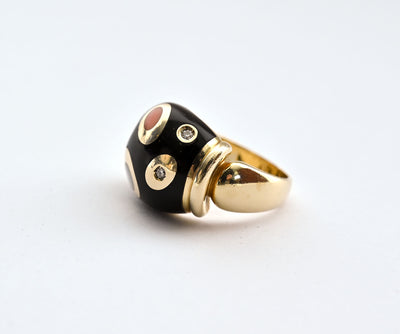 Asch Grossbardt Gold Ring with Black Onyx, Coral, Diamond and Mother of Pearl
