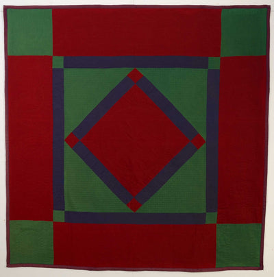Red, green and purple Lancaster County Amish Diamond in Square Quilt Circa 1920.