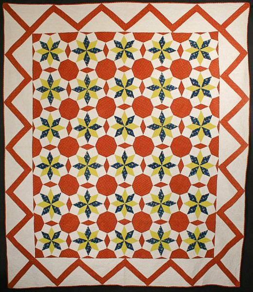 Red and white LeMoyne Stars Quilt Circa 1870 with yellow and blue stars.