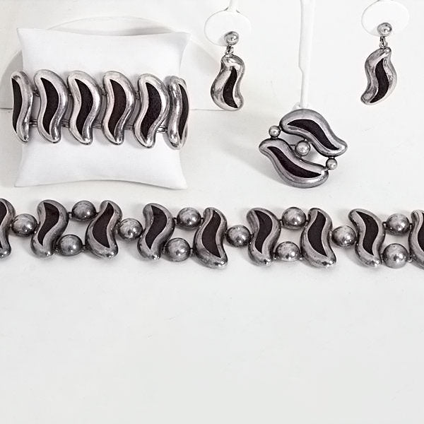 Mexican Silver Belt, Bracelet, Pin and Earrings Set