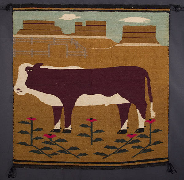 Navaho Woven Pictorial Rug with Cow