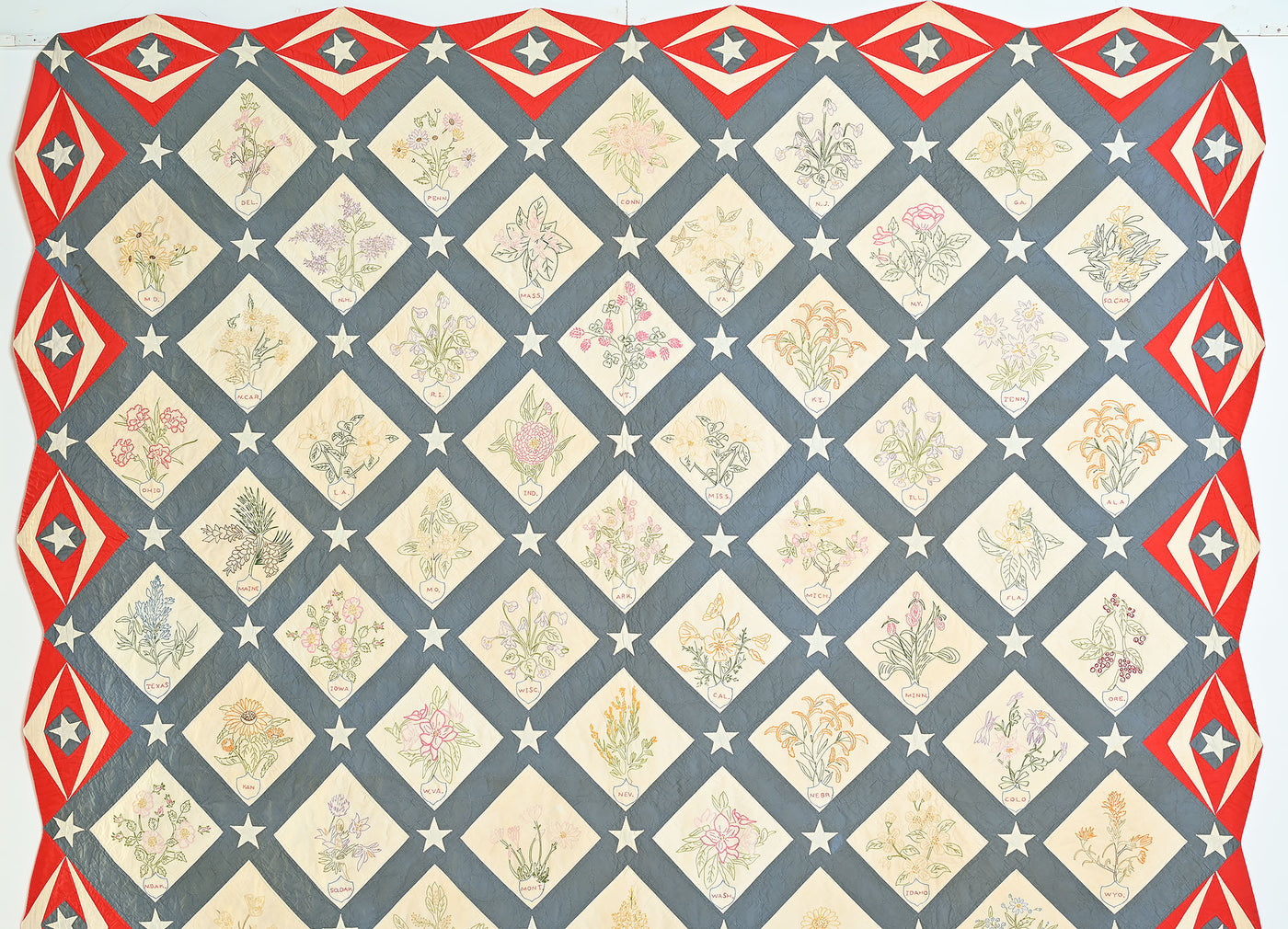 Criss cross quilted pattern with state flowers and stars.  