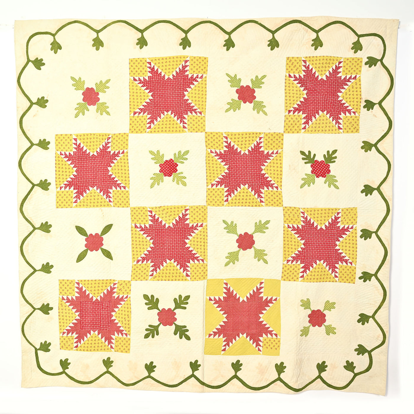 Feathered Stars Antique Quilt with Oakleaf Applique